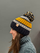 Load image into Gallery viewer, Fleece Lined Bobble Hat - Gold / Grey / Navy